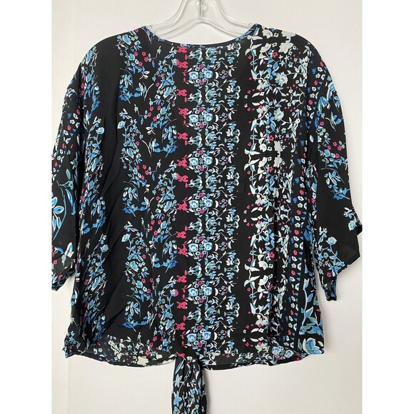 Farktop Women's Floral Blouse V Neck Tie Chiffon Shirt Size M Black Boho - Picture 10 of 11